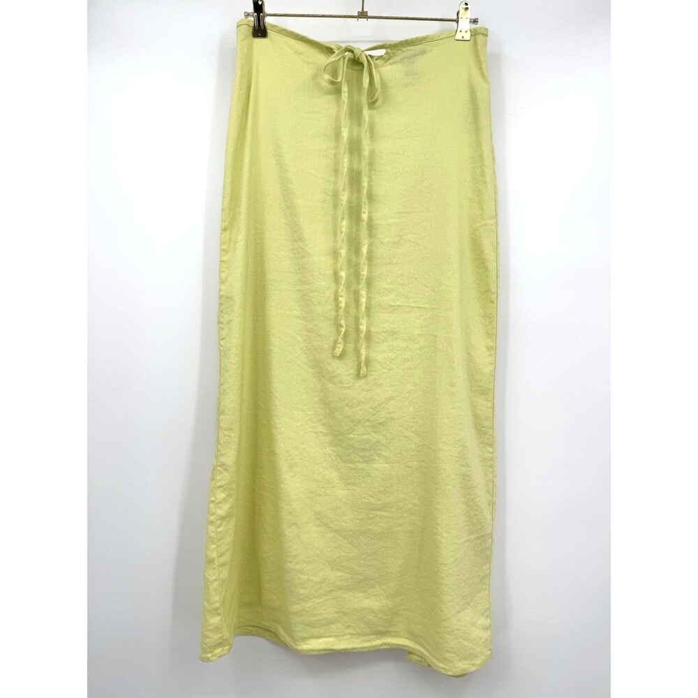 FOREVER 21 Linen Blend A-Line Maxi Skirt M Green Zip Accent Ties Beachy Summer